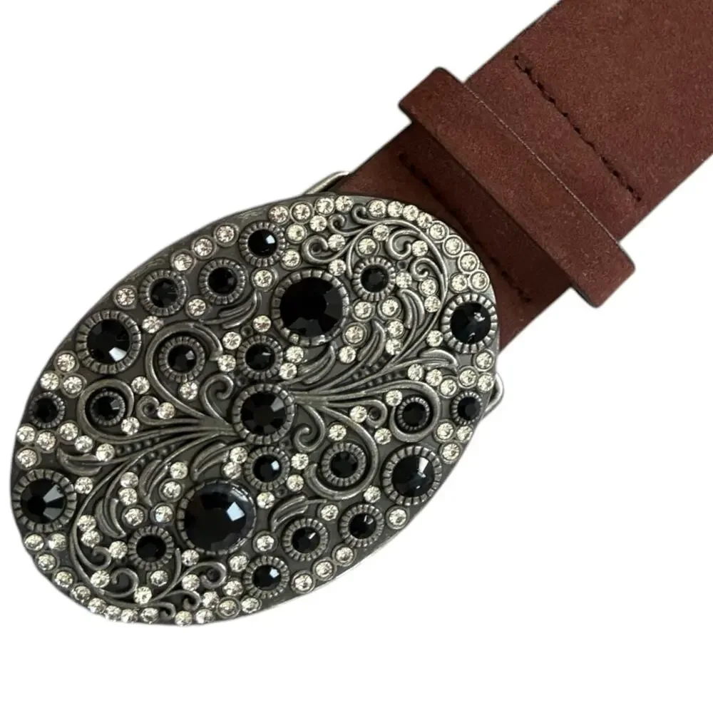 Y2K Style Faux Leather Belt Rhinestone Bling Floral Buckle Boho Western Brown